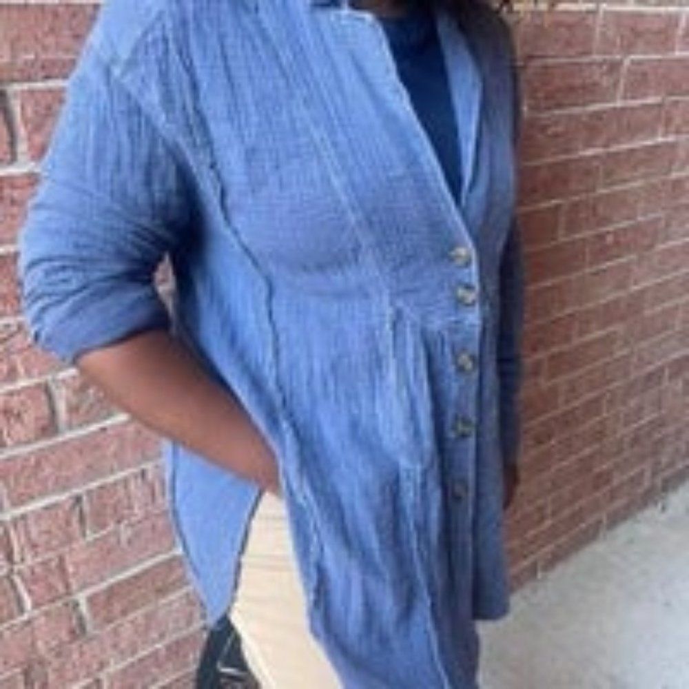 Free people like long sleeve button down jacket and raw / rustic blue size small